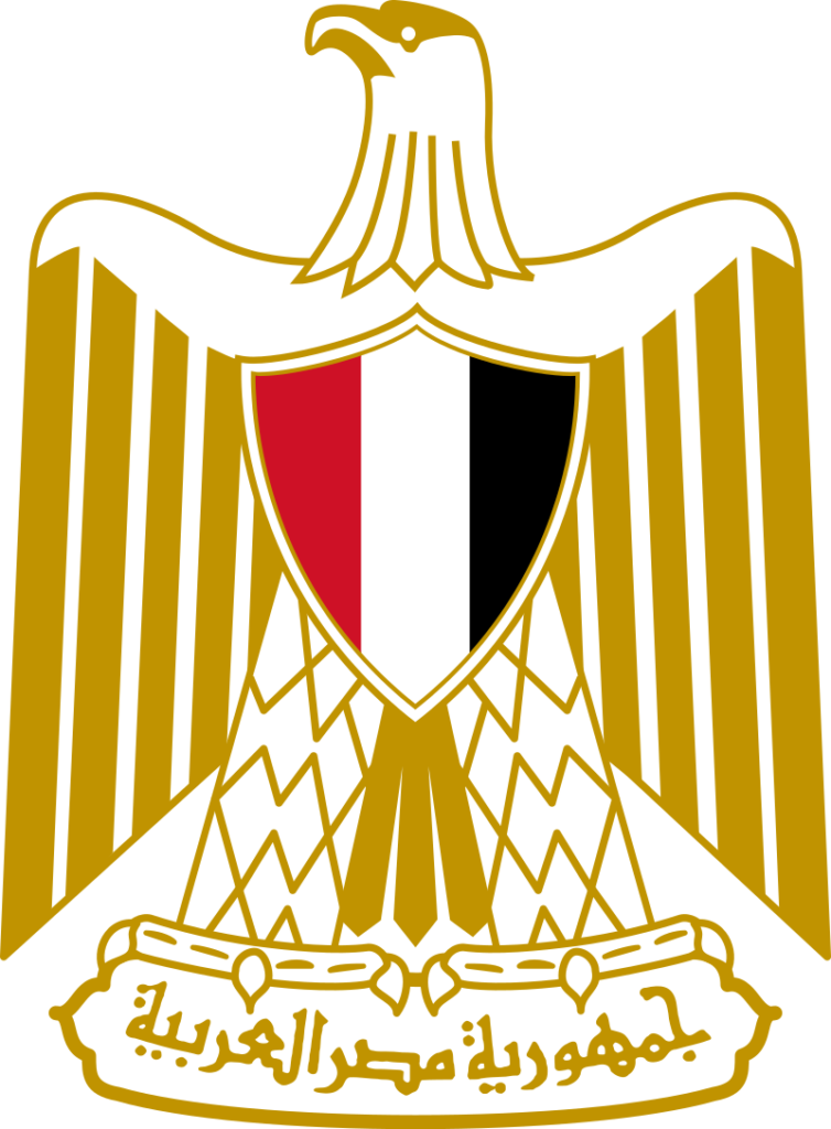 Golden eagle emblem representing the coat of arms of Egypt with a shield of the national flag colors and Arabic script below.