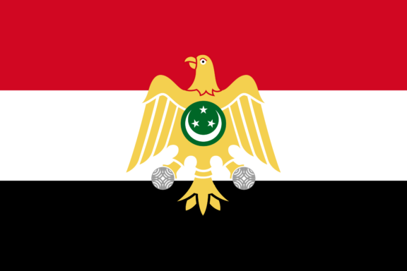 A flag with three horizontal stripes in red, white, and black, with a golden eagle in the center above a green circle with white stars.