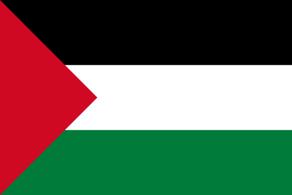 Flag of the Emirate of Transjordan with a black, white, and green horizontal stripes and a red triangle at the hoist.