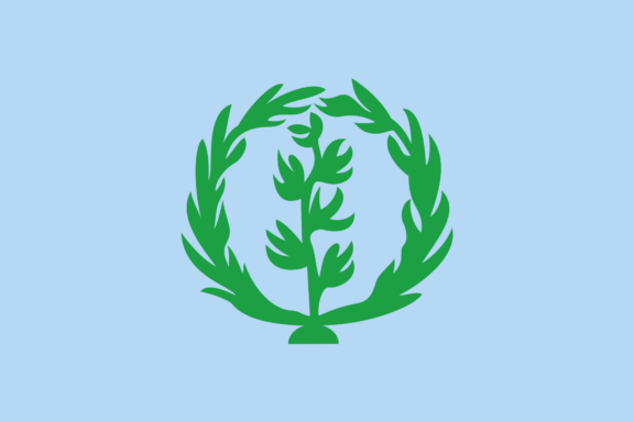 Historical flag of Eritrea with a light blue background and an olive wreath encircling an olive branch.