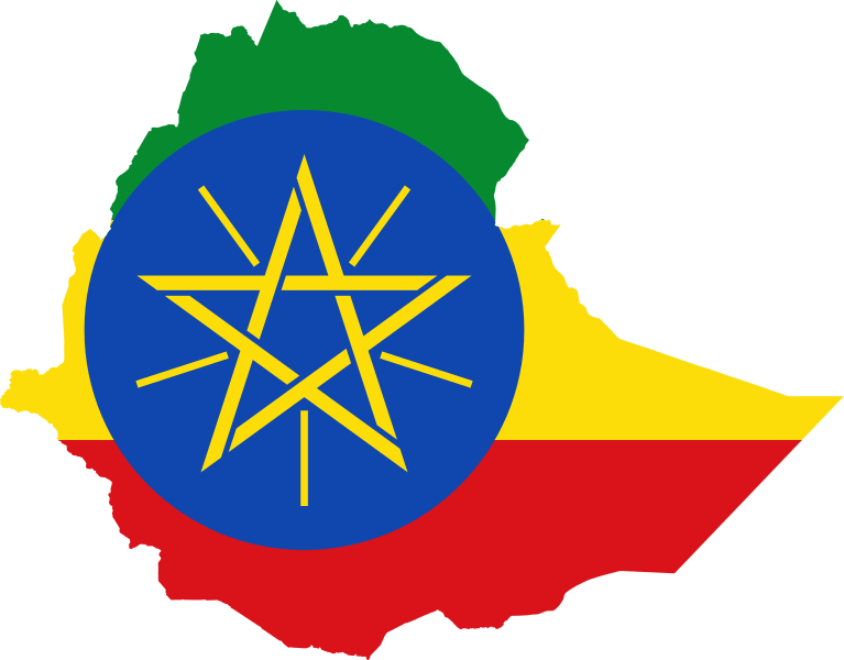 Map of Ethiopia shaped with the Ethiopian flag colors and emblem.