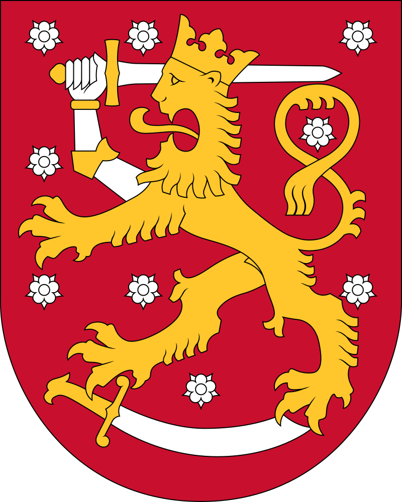 Coat of arms of Finland featuring a crowned lion with a raised sword and hind paws on a red background.