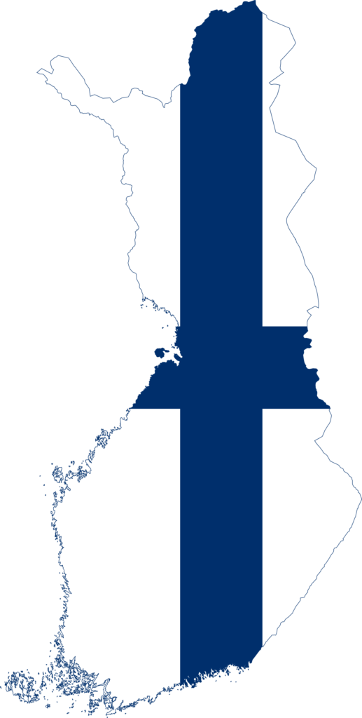 Map of Finland with the Finnish flag superimposed on it.