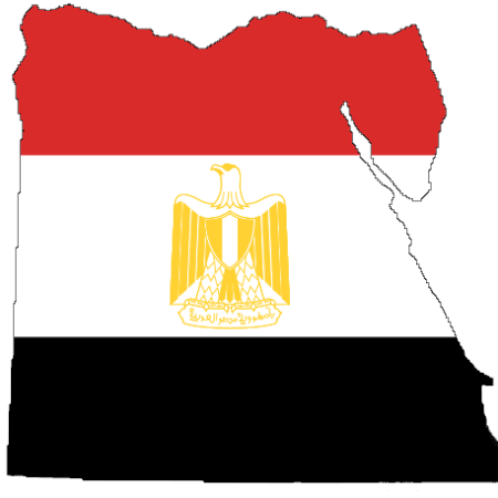 Flag of Egypt superimposed on the outline of the country's map.