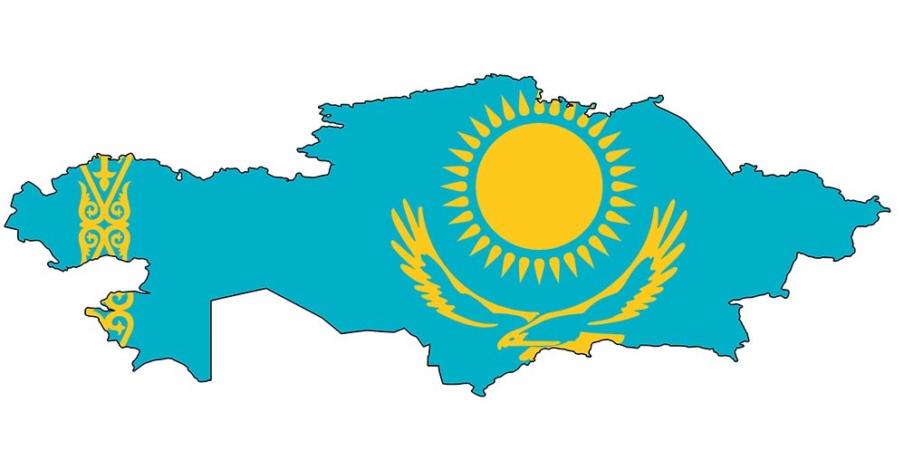 Map of Kazakhstan shaped with the design of the Kazakh flag, featuring a golden sun with 32 rays above a soaring golden steppe eagle on a sky blue background.