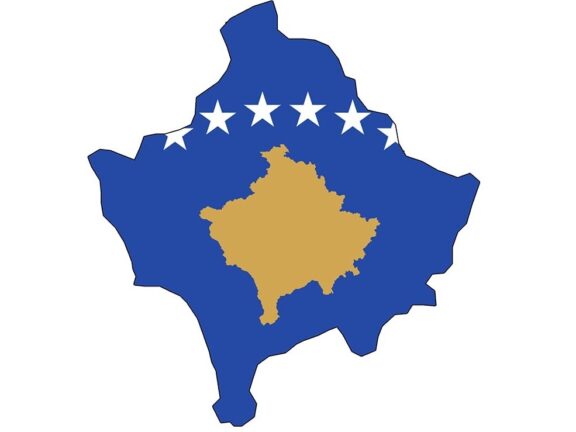 Illustration of Kosovo's flag in the shape of the country's map with a gold silhouette in the center and six white stars on a blue background.