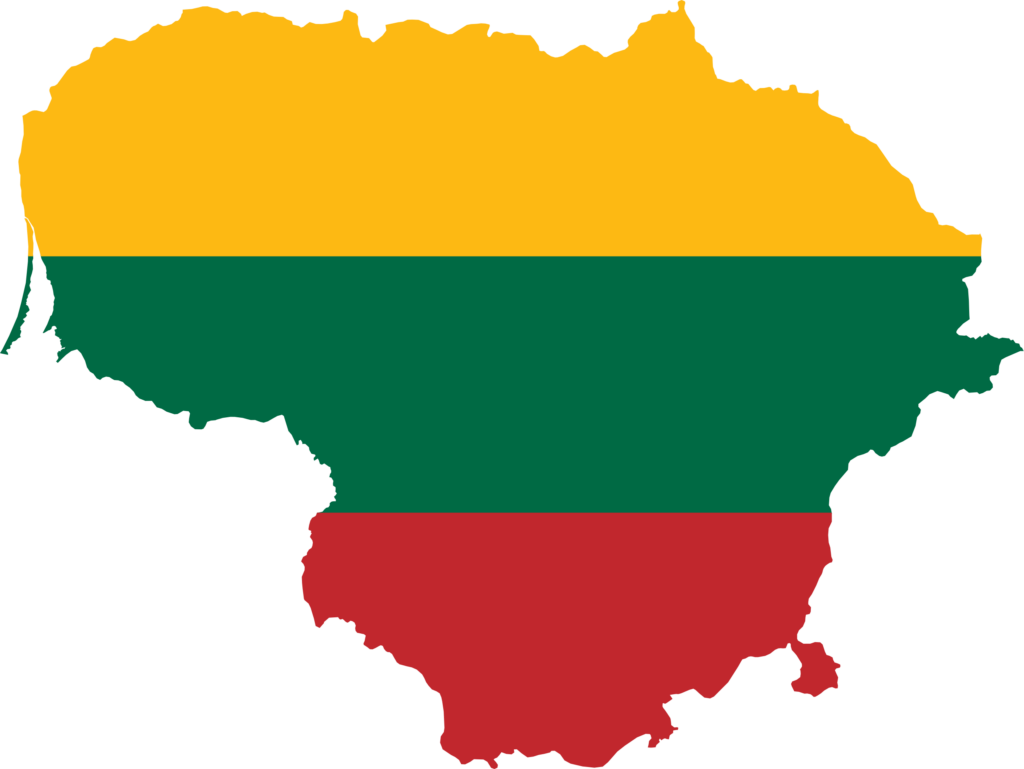 A graphic of Lithuania's map with the national flag colors: yellow on top, green in the middle, and red at the bottom.