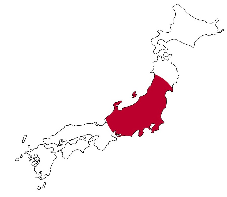 Flag map of Japan with the country's silhouette filled in with the red and white national flag colors.