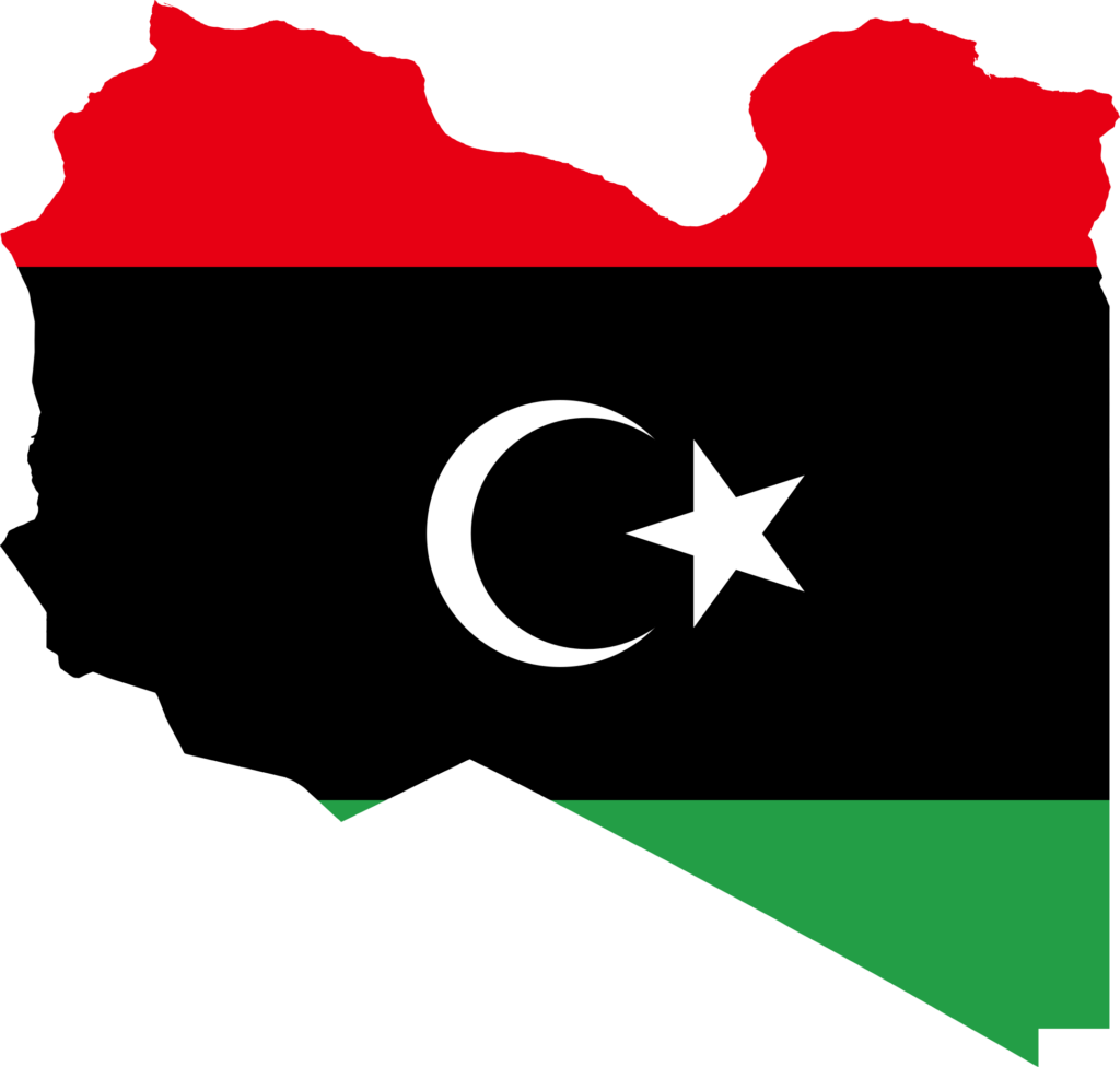 Flag map of Libya with the country's flag overlaying its geographic outline.