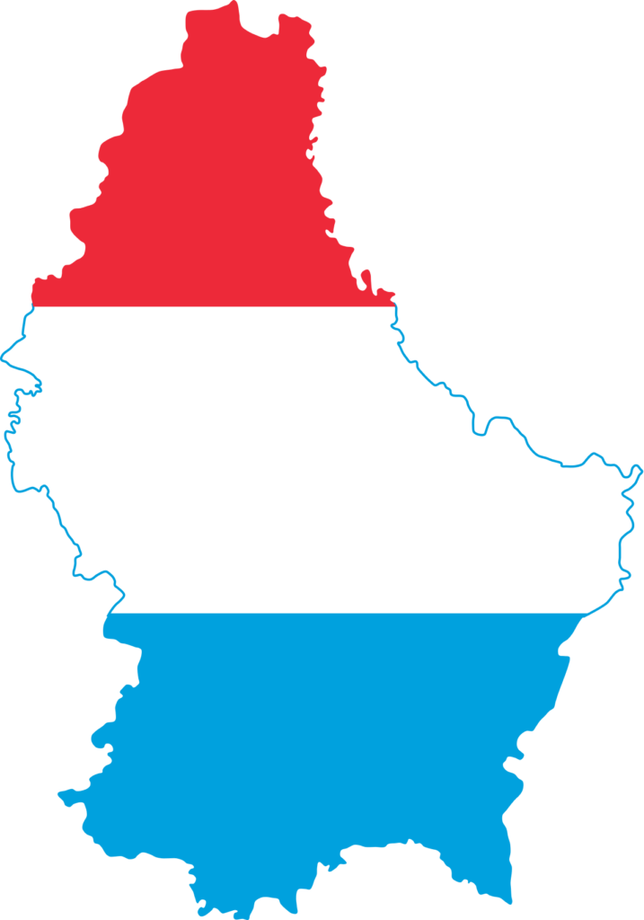 Flag map of Luxembourg with horizontal stripes in red, white, and light blue.