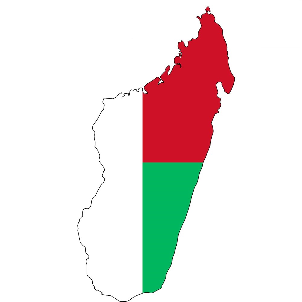 Flag map of Madagascar with the country's flag superimposed on its outline.