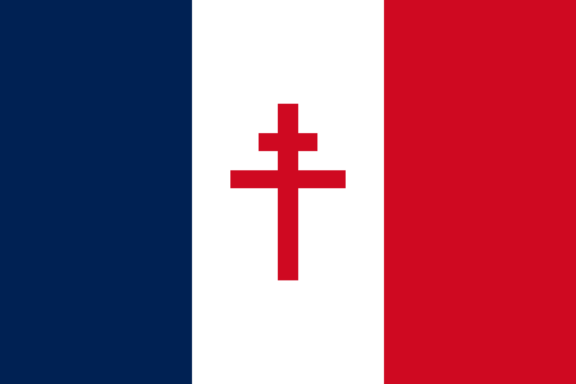 Flag of Free France with a red Lorraine cross on a white stripe, flanked by two vertical blue and red stripes.