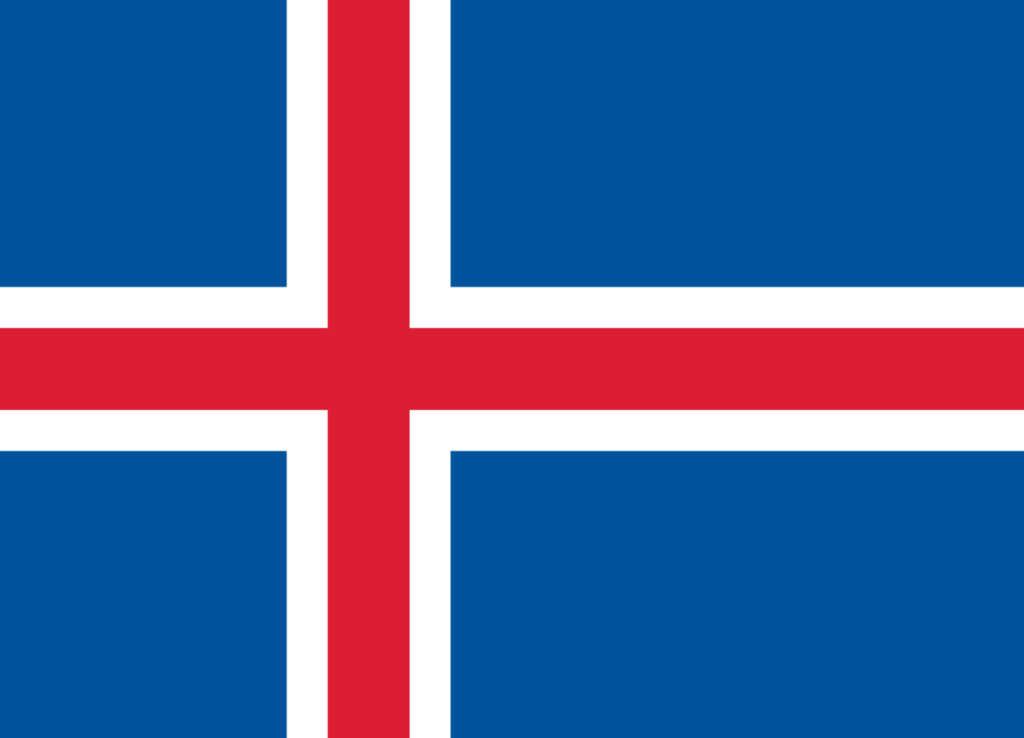 Flag of Iceland with a blue field and a white and red Nordic cross.