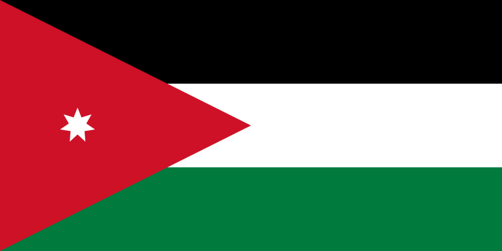 Flag of Jordan featuring a horizontal tricolor of black, white, and green with a red chevron containing a seven-pointed star on the left side.