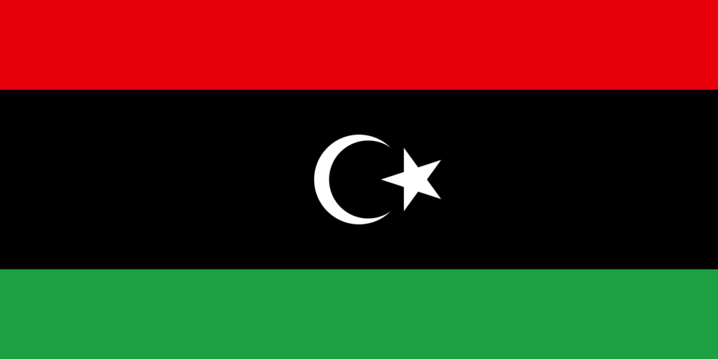 Flag of Libya with horizontal red, black, and green stripes and a white crescent and star on the central black stripe.