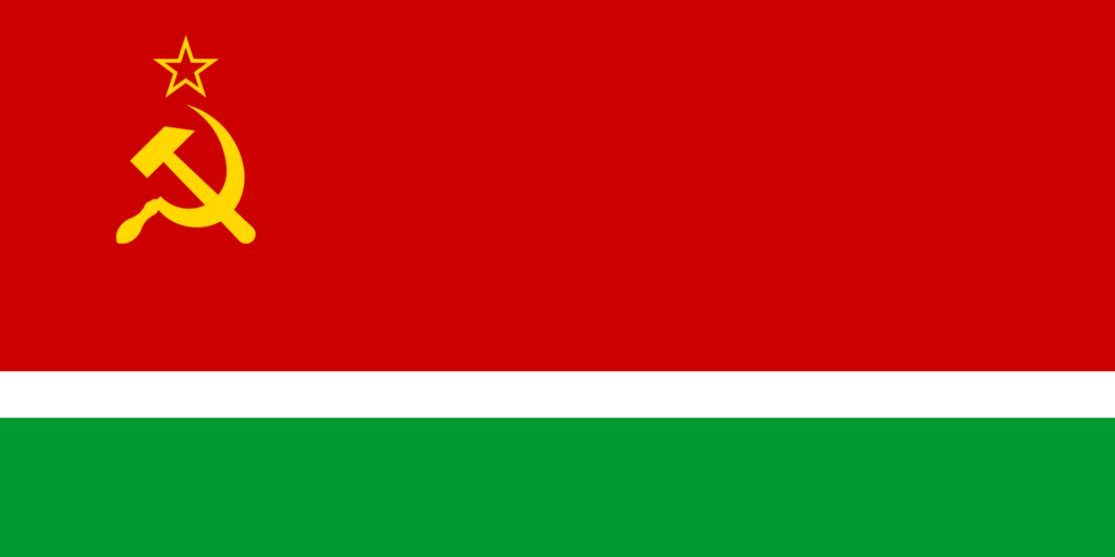 Flag of the Lithuanian SSR with a red field, a green and a white stripe at the bottom, and a gold hammer and sickle with a gold star above in the top-left corner.