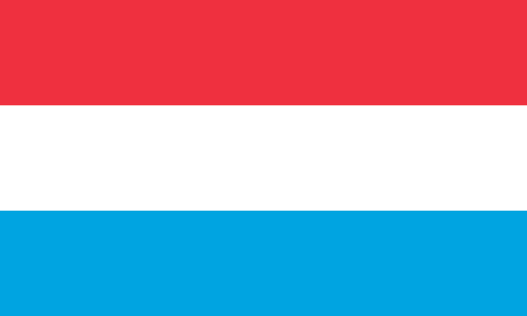 Flag of Luxembourg with three horizontal stripes, red on top, white in the middle, and light blue on the bottom.