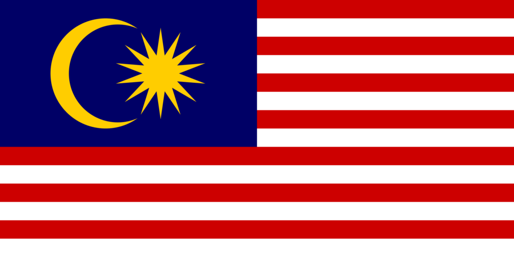 Flag of Malaysia with 14 alternating red and white stripes and a blue rectangle in the upper left corner featuring a yellow crescent and a 14-point star.