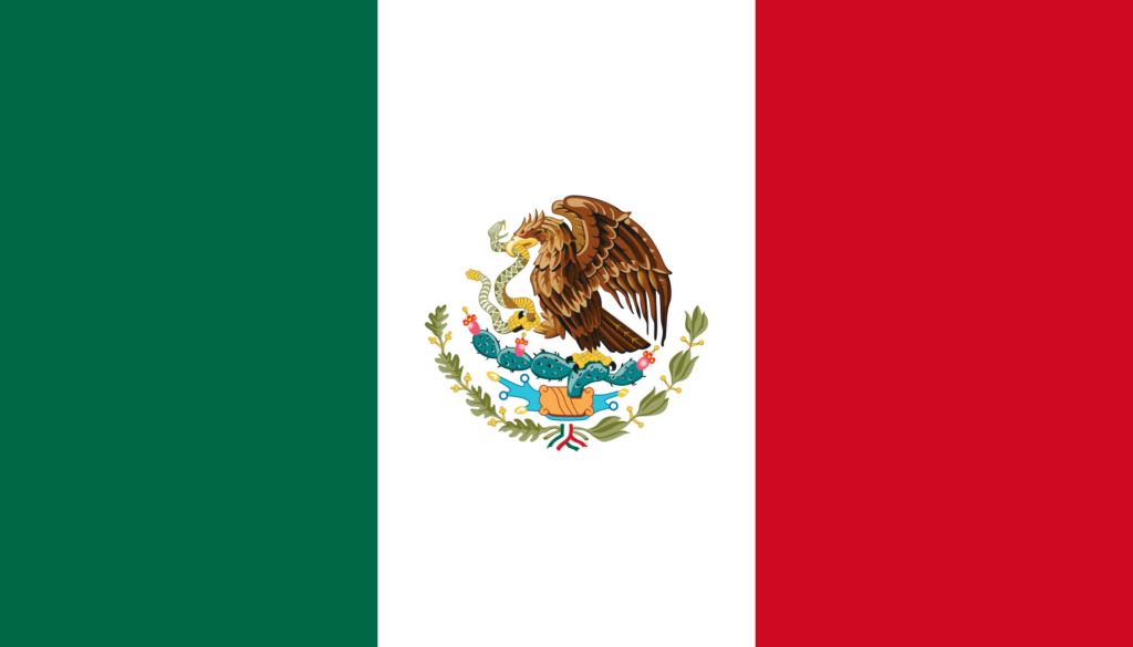 Flag of Mexico with vertical stripes in green, white, and red, and the national coat of arms featuring an eagle eating a snake in the center.