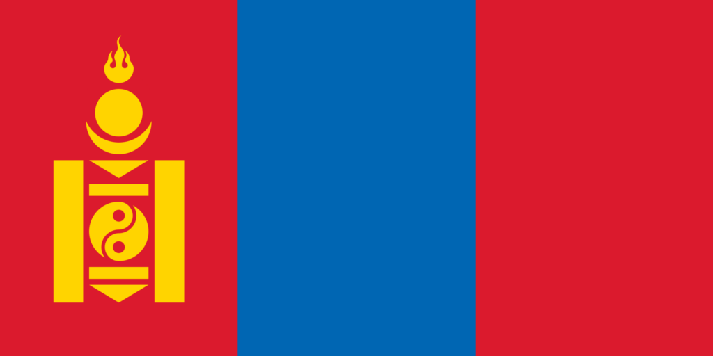 Flag of Mongolia with a red field on either side of a blue vertical stripe, featuring a golden Soyombo symbol on the hoist side.