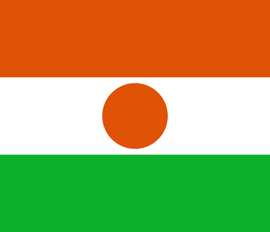 Flag of Niger featuring three horizontal stripes of orange, white, and green with an orange circle in the center of the white stripe.