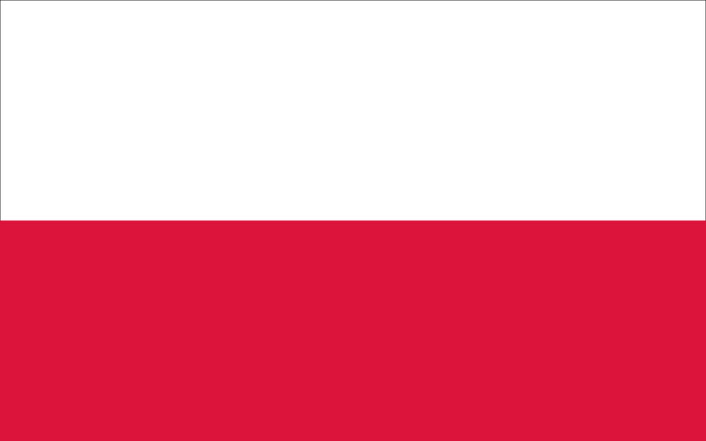 Flag of Poland with two horizontal stripes, the top stripe is white and the bottom stripe is red.