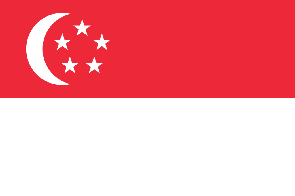 Flag of Singapore with a crescent moon and five stars against a red background above a horizontal white stripe.