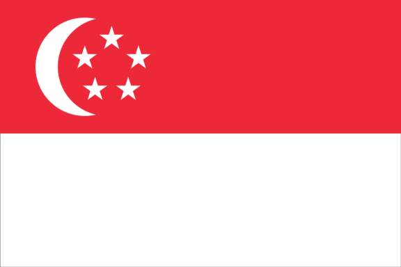 Flag of Singapore with a crescent moon and five stars against a red background above a horizontal white stripe.