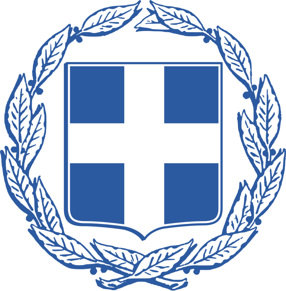 Coat of arms of Greece featuring a blue cross on a white background surrounded by two laurel branches.