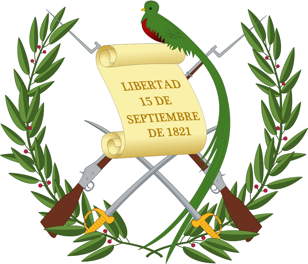 Coat of arms of Guatemala featuring a scroll with the date of independence, crossed rifles, laurel branches, and a resplendent quetzal.