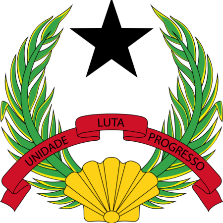 Coat of arms of Guinea-Bissau featuring a yellow shell at the bottom, flanked by olive branches with a red banner inscribed with "UNIDADE LUTA PROGRESSO" in green background.