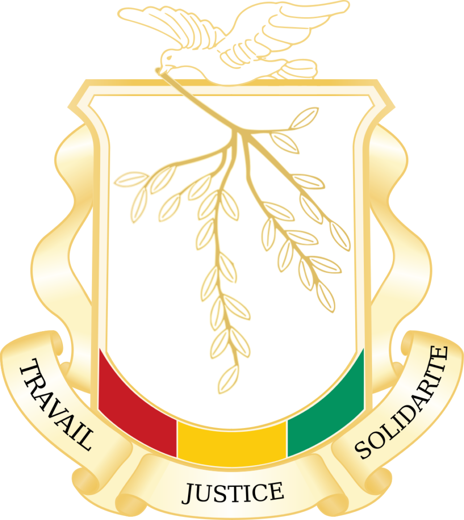 Coat of arms of Guinea featuring a dove on top, a shield with a rice stalk, and a ribbon with the words "Travail," "Justice," and "Solidarité."