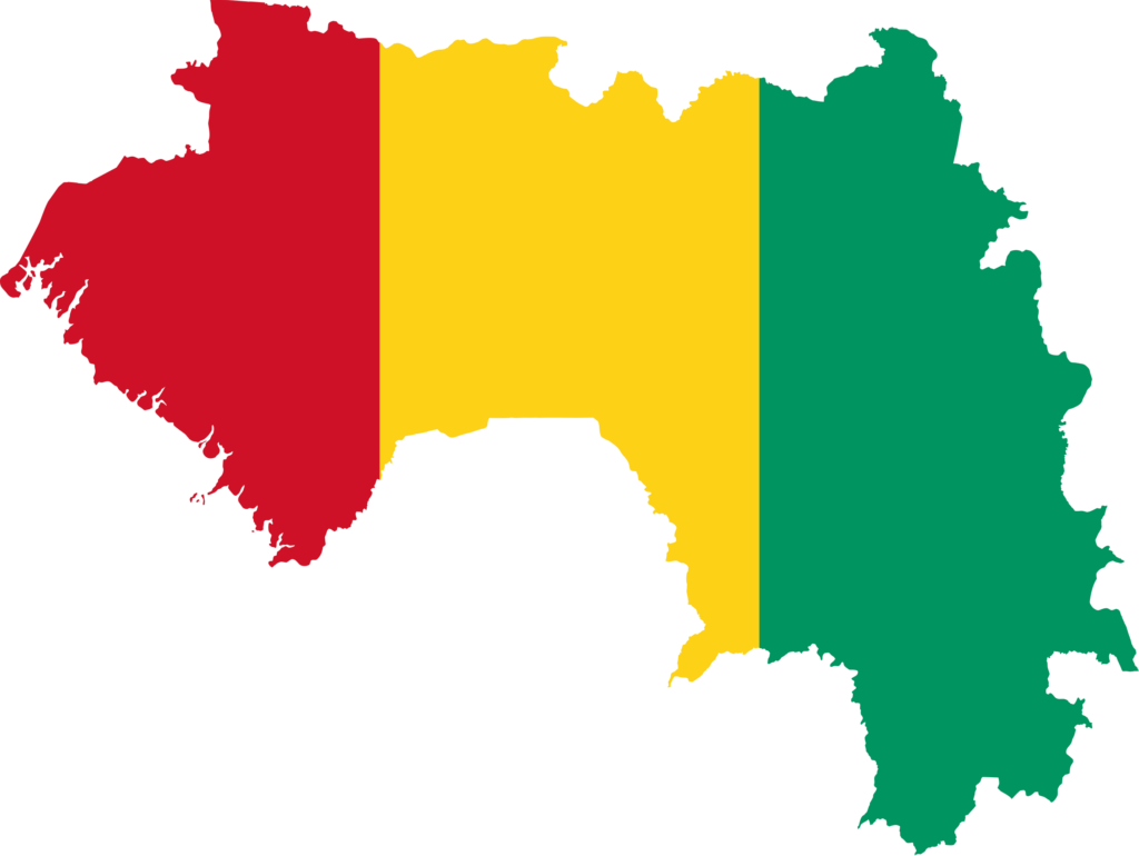 Outline map of Guinea colored with the design of the national flag, featuring vertical stripes of red, yellow, and green.