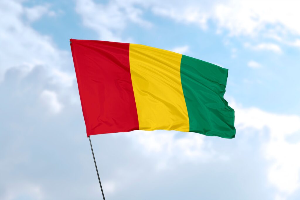 Flag of Guinea waving against a backdrop of a cloudy sky.