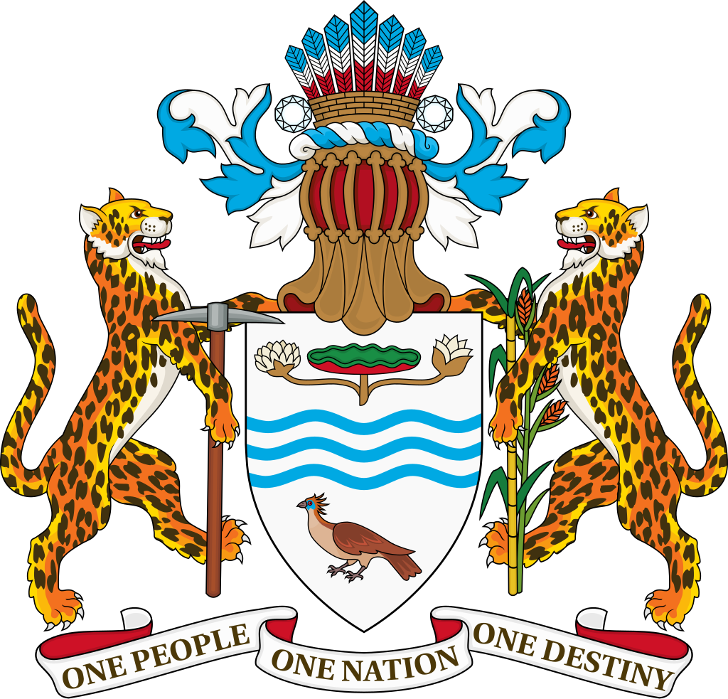 Coat of arms of Guyana featuring a shield with a jaguar and a red flower, two jaguars as supporters, and a banner with the motto "One People, One Nation, One Destiny."