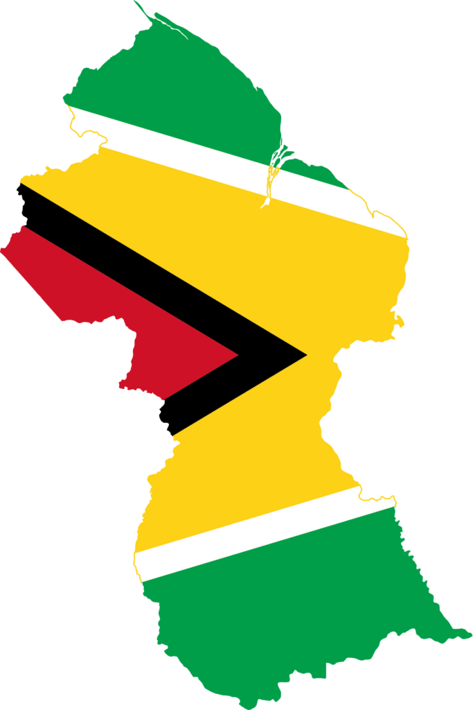 Map of Guyana shaped with the design of the Guyanese flag.