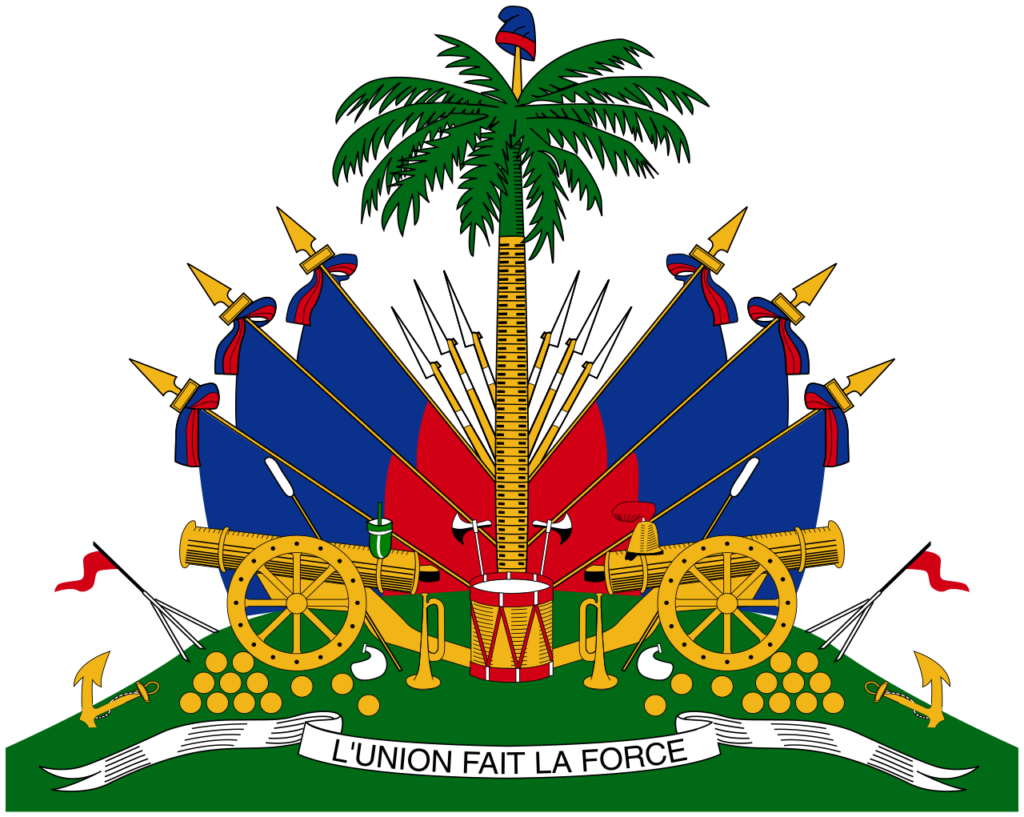 Coat of arms of Haiti featuring a palm tree surrounded by flags and cannons above a scroll with the motto "L'Union Fait La Force".