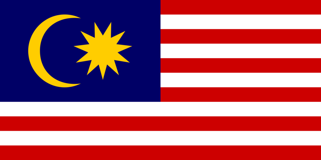 Historical flag of Malaysia with a blue field featuring a crescent and a star, and red and white horizontal stripes.