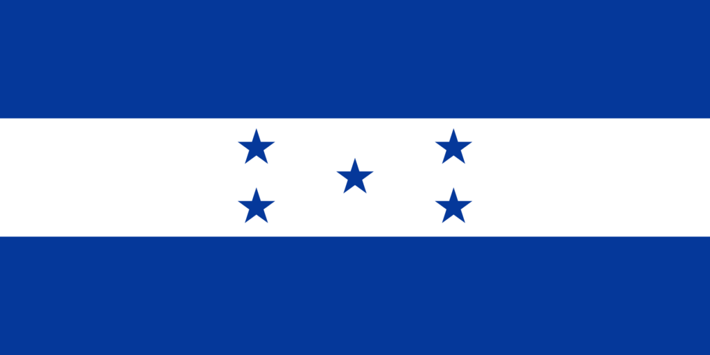 Historical flag of Honduras featuring two blue horizontal stripes with a white stripe in the middle and five blue stars arranged in an X pattern.