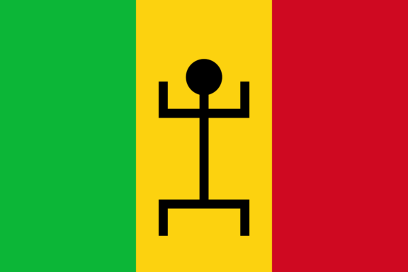 A flag with three vertical stripes in green, yellow, and red, with a black human-like figure in the center of the yellow stripe.