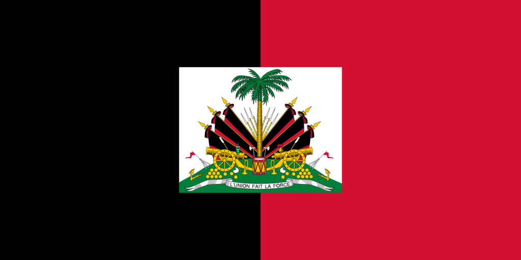 Historical flag of Haiti with a black and red vertical bicolor and a central white panel featuring a palm tree and cannons.