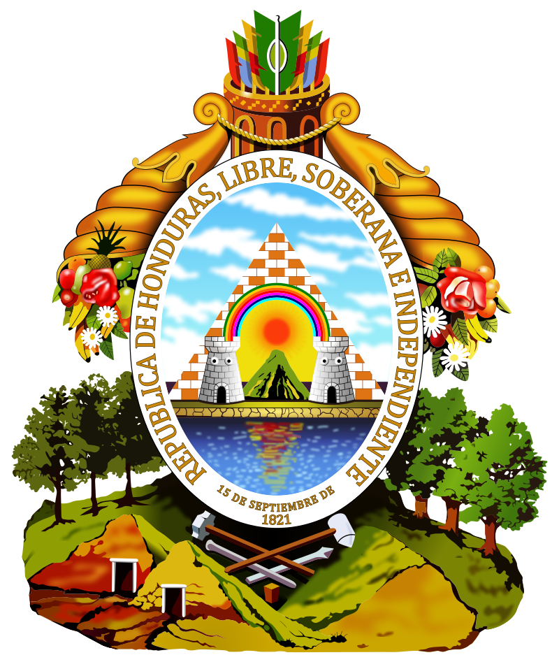 Coat of arms of Honduras featuring a triangle, rainbow, and sun flanked by trees, with two towers and a volcanic landscape, above the words "Republica de Honduras Libre, Soberana e Independiente" and the date 1821.