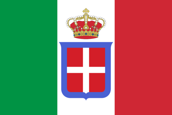 Italian flag with the House of Savoy emblem, featuring a red cross on a white background, shielded by a blue border and topped with a crown.