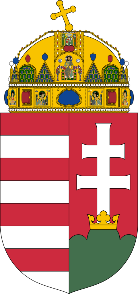 Hungarian coat of arms featuring a split shield with red and white stripes on the left and a white cross on a red background on the right, topped with a crown.