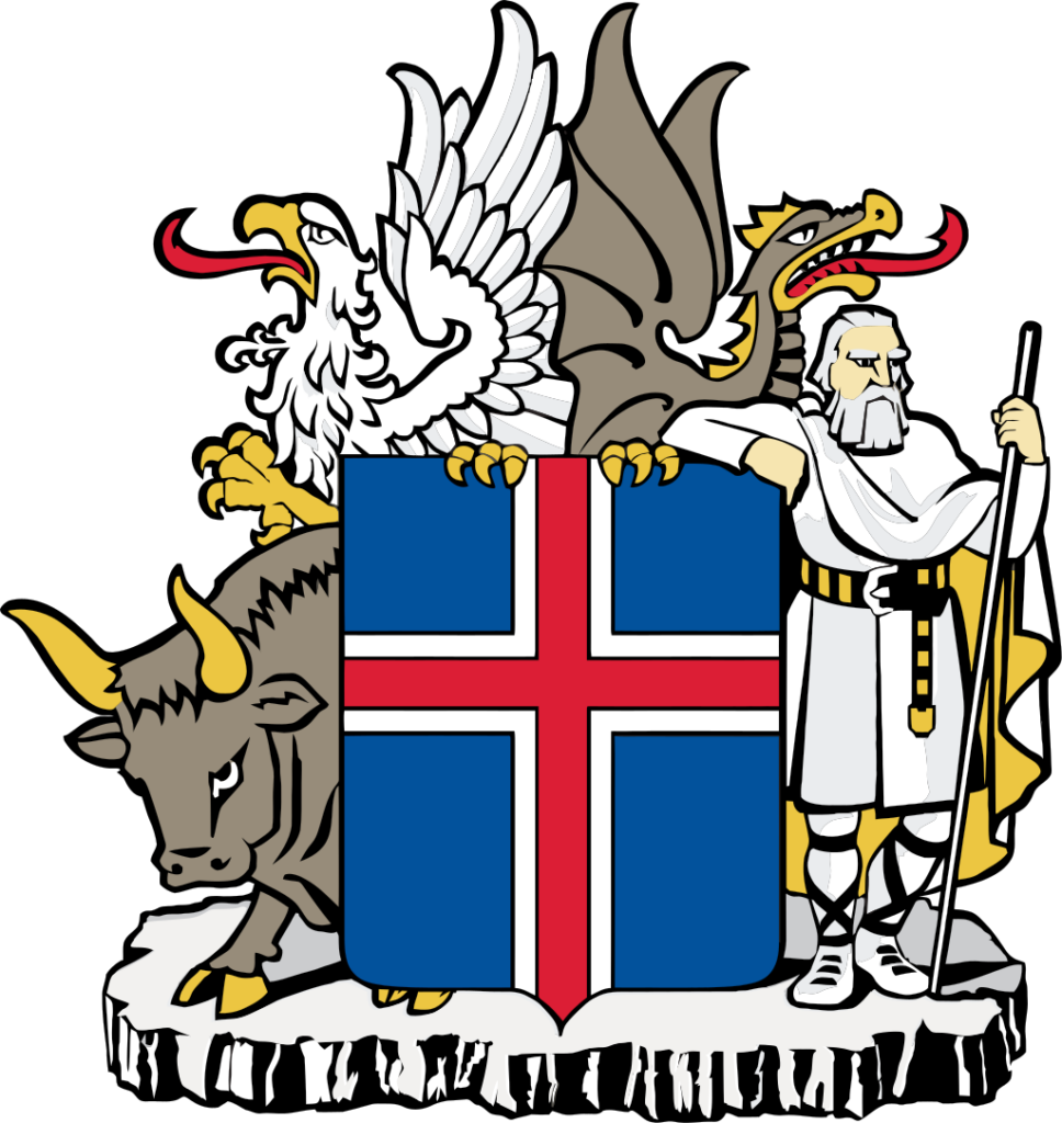 Coat of arms of Iceland featuring a shield with a blue background and a red cross, flanked by a bull, a giant, a griffin, and a dragon, with a rock giant as a supporter.