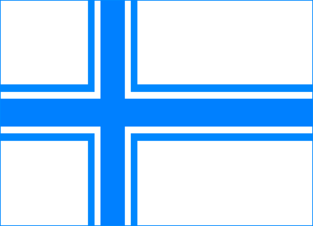 A proposed flag of Iceland featuring a blue Nordic cross with a white outline on a light blue background.