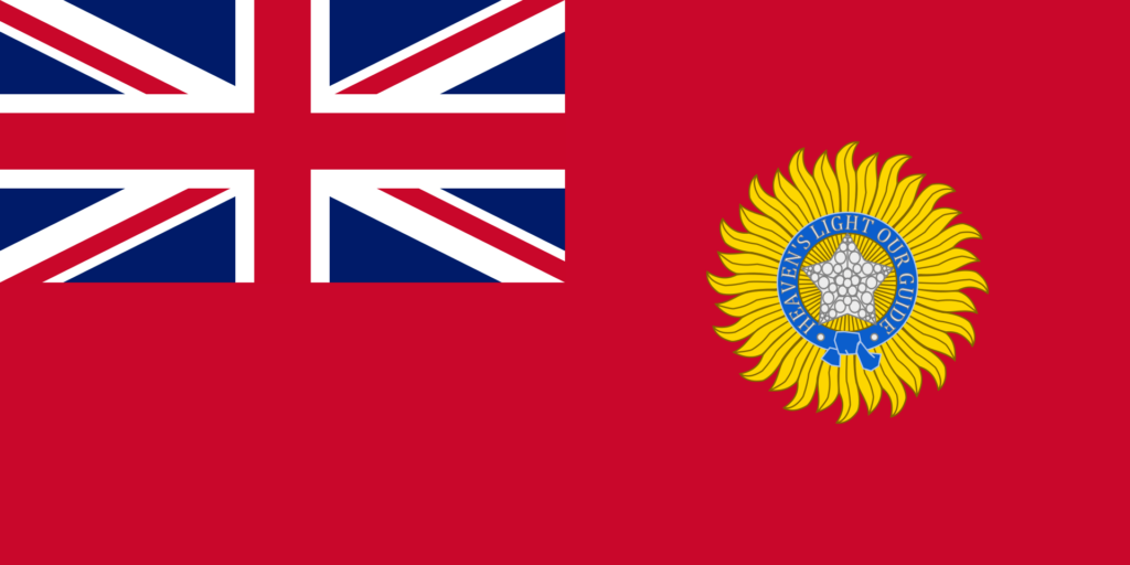 Flag of British colonial India featuring the Union Jack in the upper left corner and a Star of India emblem on a red background.