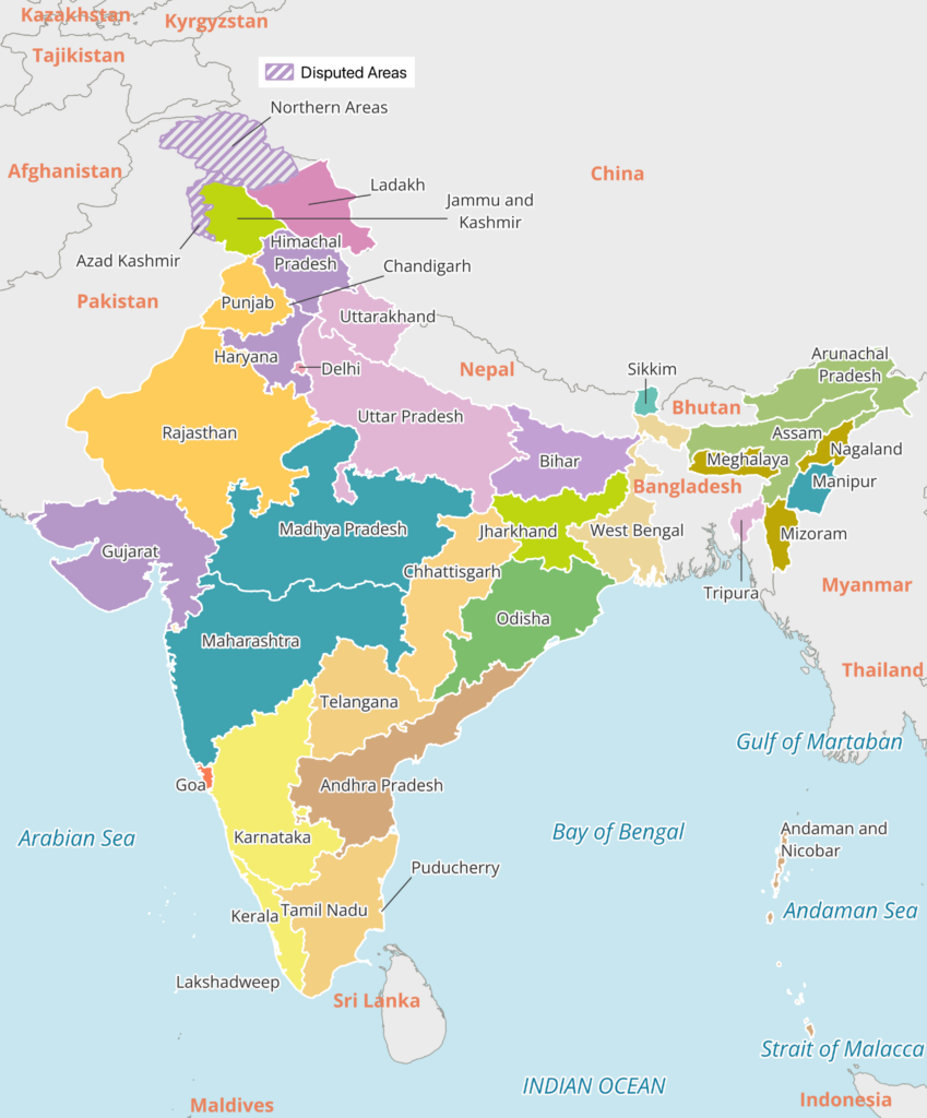 A color-coded political map of India showing the country's states and union territories. 