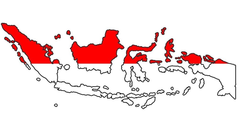 Map of Indonesia with the flag overlay, featuring red on the top half and white on the bottom half.