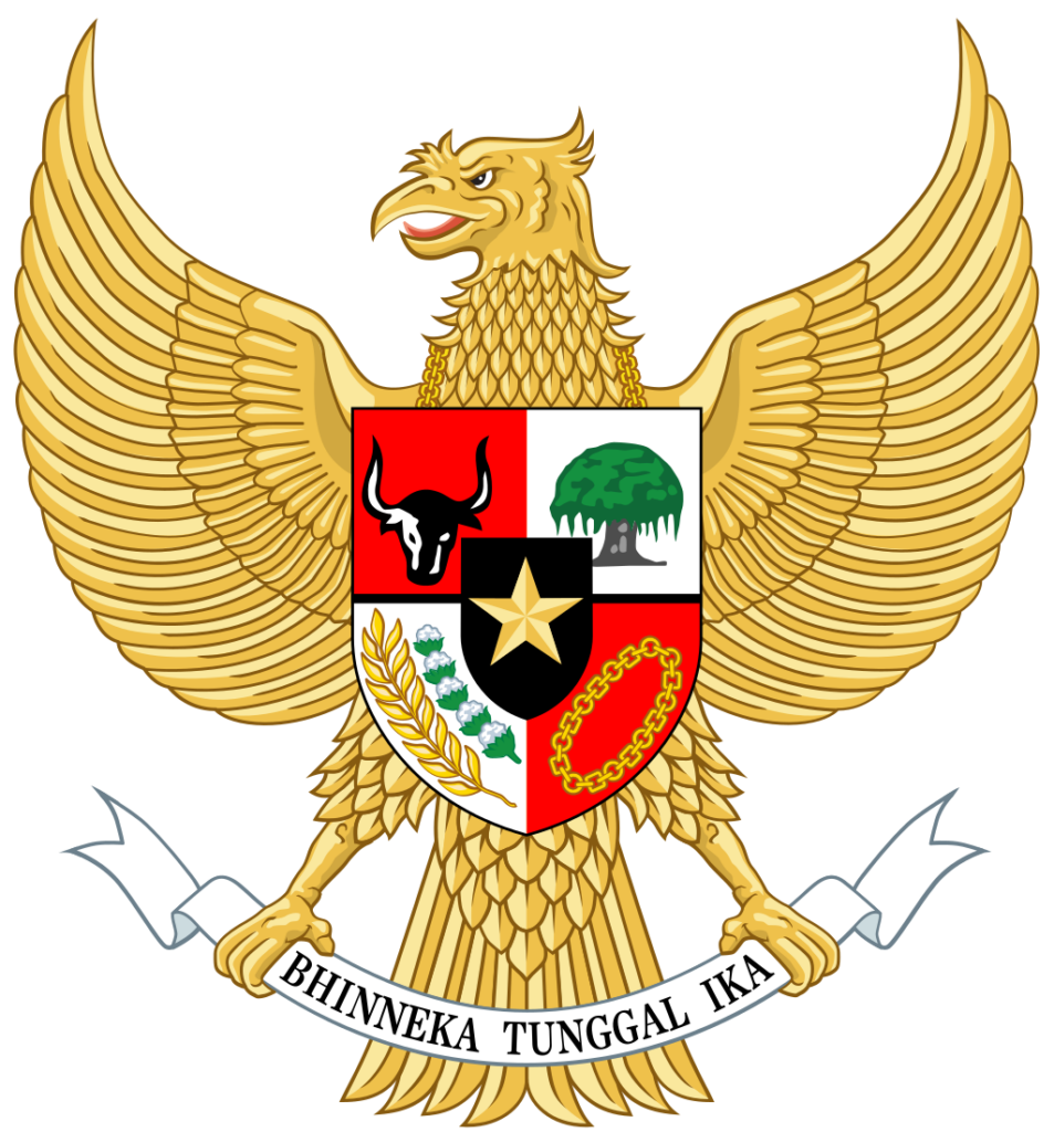 Golden Garuda bird with a shield on its chest featuring symbols of Indonesia, flanked by crossed Kris swords, with the motto "Bhinneka Tunggal Ika" below.